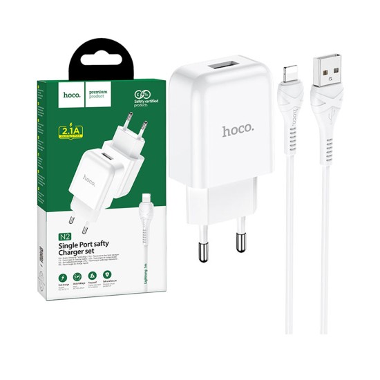 Conjunto Carregador Hoco N2 Vigor (EU) com Cabo de USB para iPhone 1m Branco